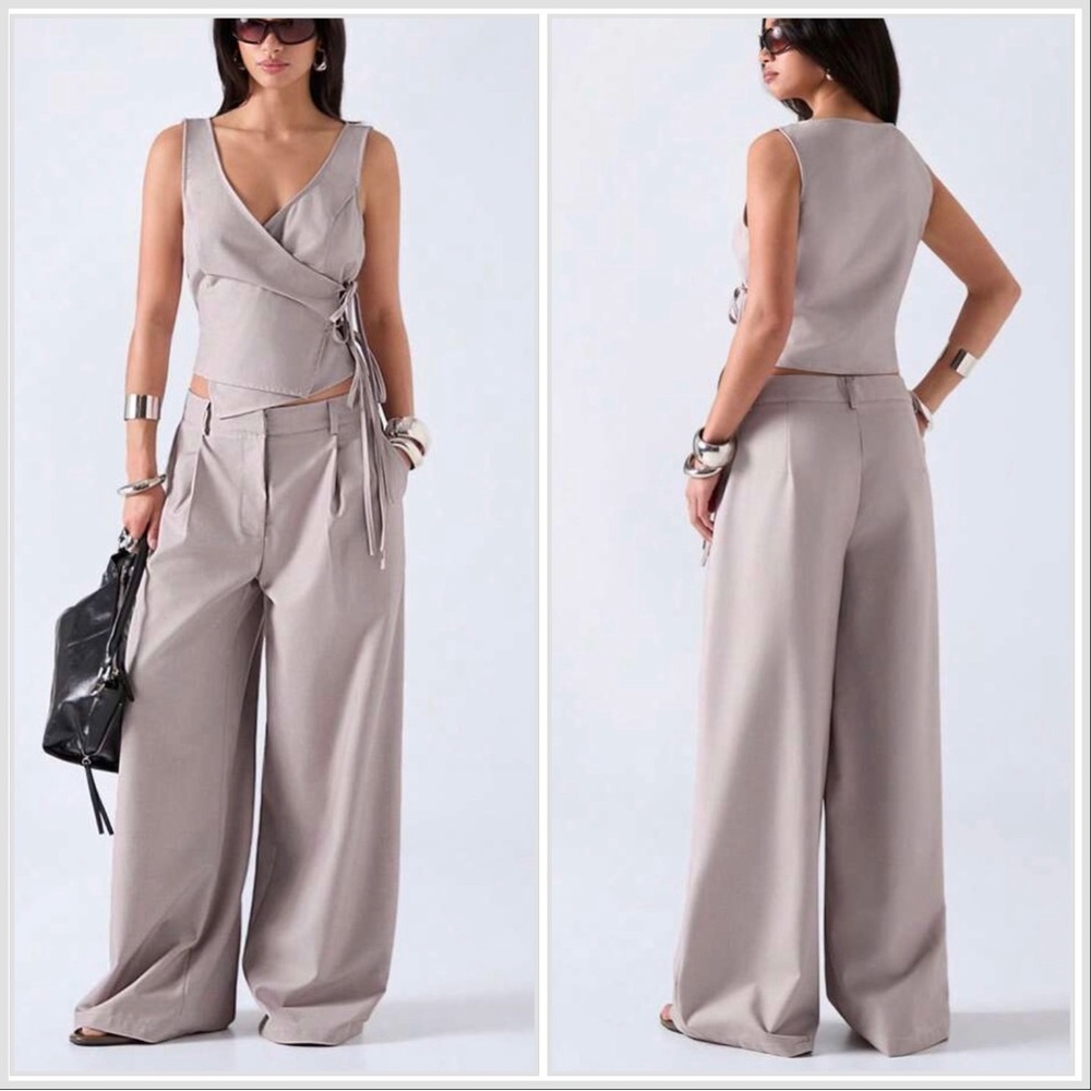 Wide-Leg Wrap Top and Pants Set in Taupe